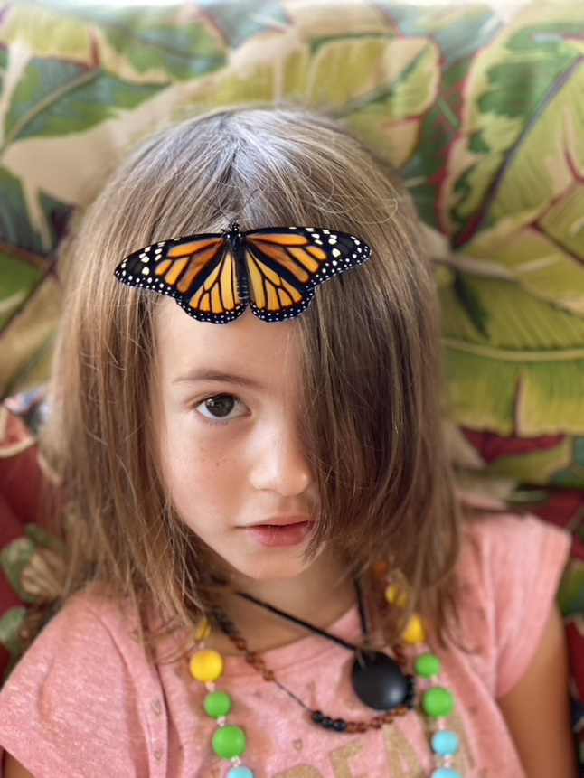 Young girl with Monarch Butterfly on her forehead